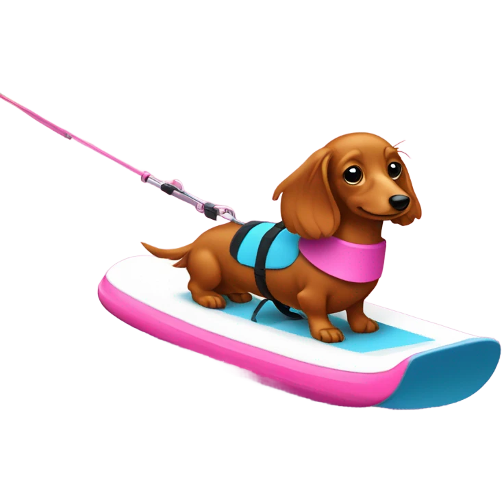 Long haired miniature dachshund red colour with pink collar on waterskis emoji