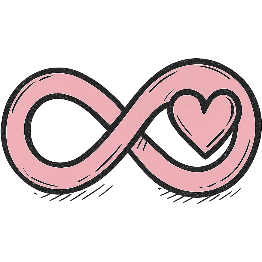 hand-drawn pink infinity symbol with clear outlines, stylized shadows and highlights, integrating a simple heart into the right loop of the infinity symbol emoji