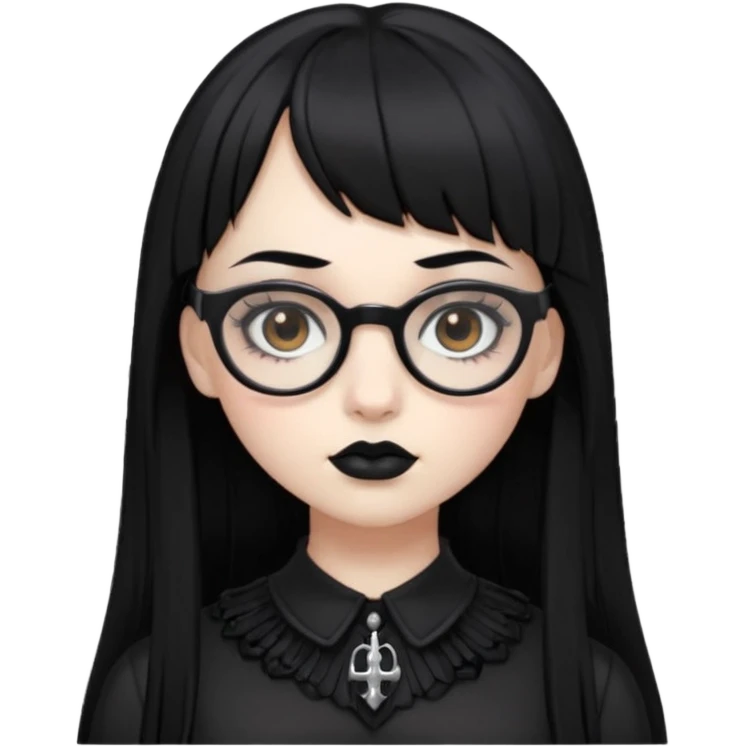 Faça uma moça de cabelo preto micro franja e pálida e com maquiagem gótica pesada olhos castanhos escuro e óculos  emoji