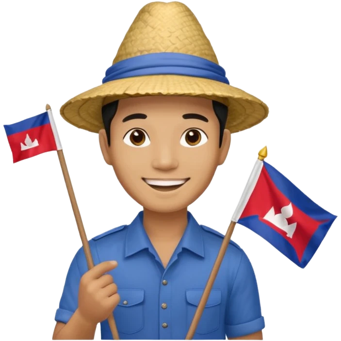 Cambodian man Tourist Guide with small cambodian flag in hand and traditional cambodian hat emoji