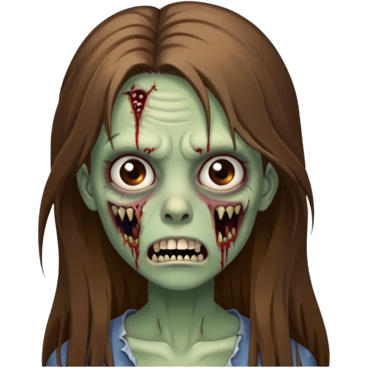 Girl zombie with brown long hair with teeth and serious face IOS style emoji