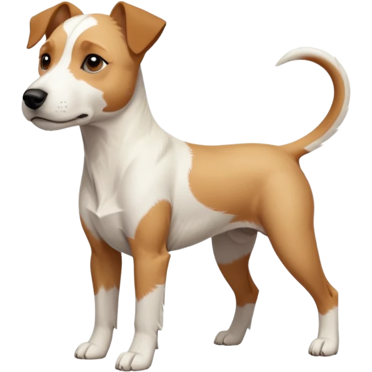 a full body facing front on of a buff white parson russell terrier looking dog the size of a kelpie with light brown long ears resting on its face and a light brown patch above one eye and a large snout. the rest of the dog is completely white.  emoji