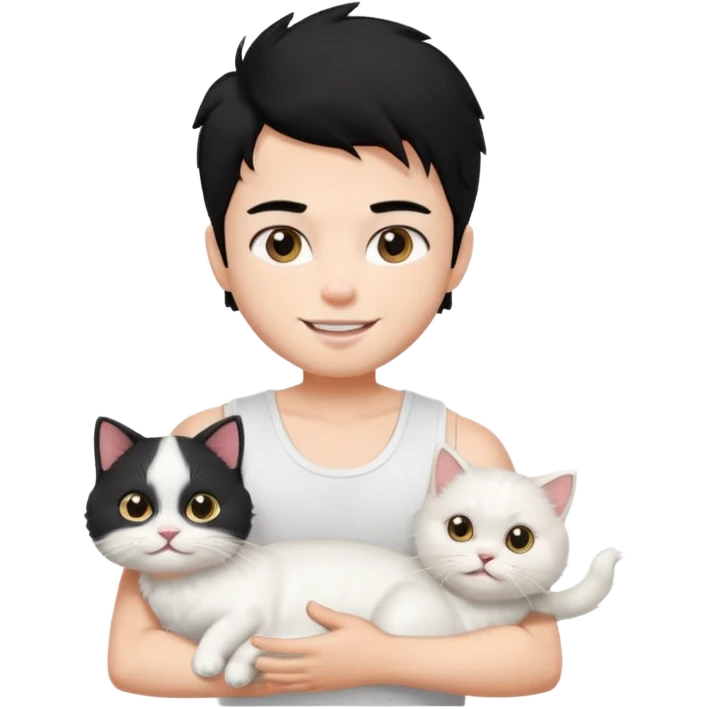 a pretty bratz boy with black hair and white sleeveless tank with a white persian cat smiling emoji