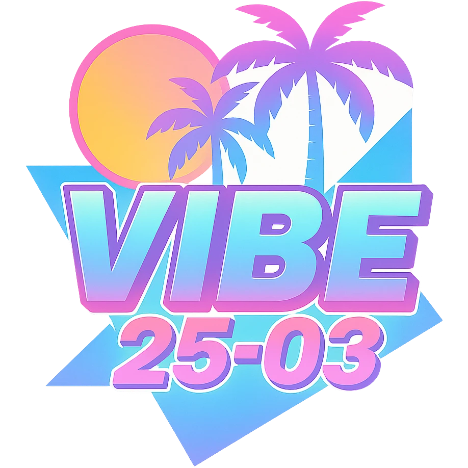 Recolor the original black and white VIBE25-03 logo with Miami Vice-inspired pastels including pink, turquoise, and other 80's colors, keeping the exact shapes and layout. Create two versions: one with subtle effects such as soft glow and gentle gradients, and one with bold effects including heavy neon and strong halftone. No background, maintain the 80's Miami Vice vibe. emoji