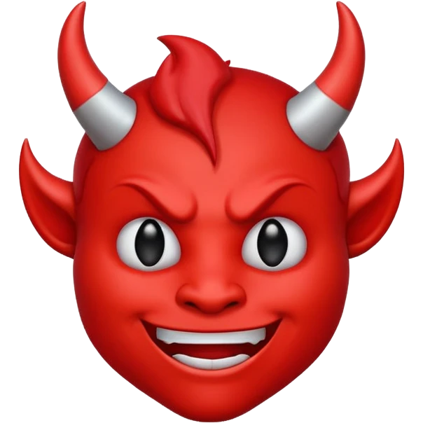 CARTOON STYLE EMOJI of a RED DEVIL FACE with small HORNS pointing up, BLACK EYES, and a MISCHIEVOUS SMILE. The entire face is RED with a smooth glossy texture. BACKGROUND is PURE WHITE, clean and simple. emoji