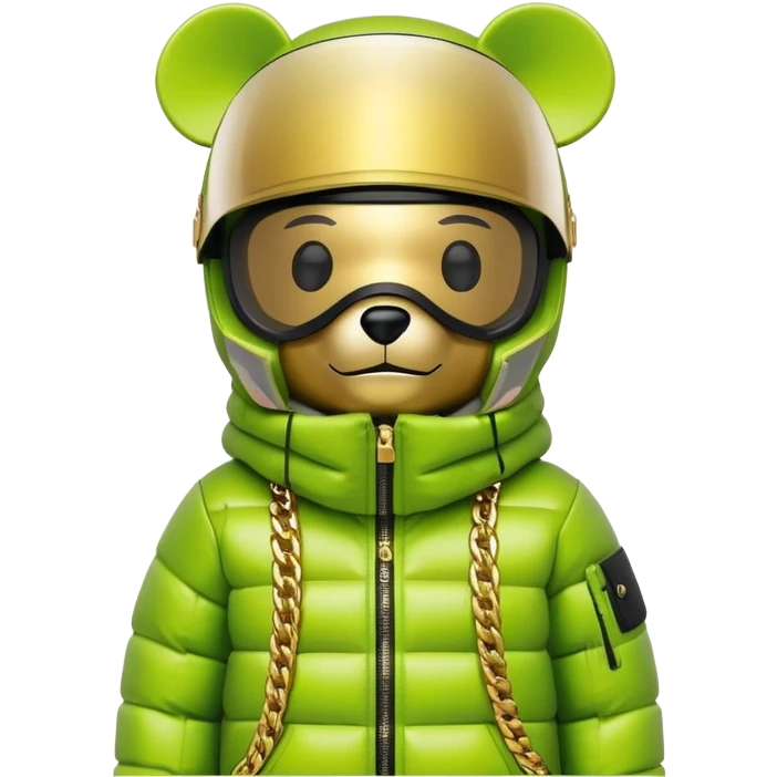 geometric bearbrick in lime graffiti balaclava wearing large snowboard style panoramic shield visor with single continuous lens, no eye division, luxury down jacket with fur, gold chains emoji