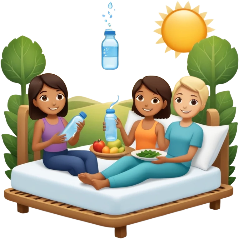 A person in the sun, with a plate of whole foods, water bottle, and glowing bed behind them. Nearby, smiling friends gather—symbolizing balance, healing, and connection through simple daily rituals. emoji