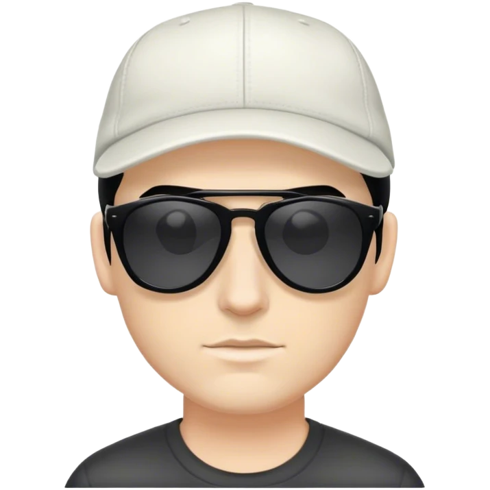 Homem branco, cabelos pretos, olhos escuros, usando óculos de sol e boné emoji