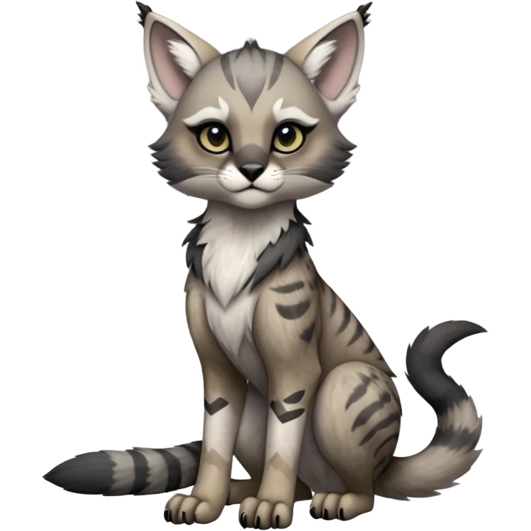 Cute kawaii cool edgy badass  ashen grey fur with smoky charcoal ombré fade fantasy-caracal-civet-genet-sergal-vernid-Gryphon-Cacomistle-Trico-oncilla-animal-Fakémon-hybrid-fursona (full body), facial markings, (realism style) emoji