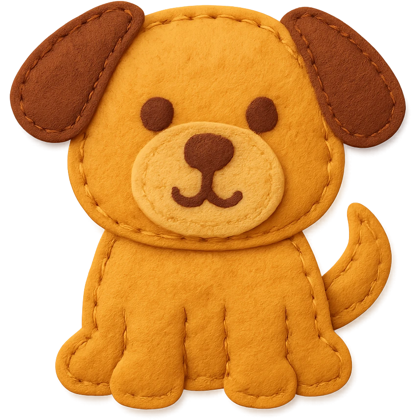 <StylePrompt>
  <Name>Felt Appliqué Plush Style</Name>
  <Description>A soft, handcrafted look inspired by plush felt fabric with visible stitching and a padded 3D texture, rendered on a solid black background.</Description>
  <VisualProperties>
    <Material>Felt</Material>
    <Texture>Soft, fuzzy, with slight fiber detail</Texture>
    <Stitching>
      <Type>Thick thread</Type>
      <Color>Orange or slightly darker tone than fabric</Color>
      <Pattern>Uniform running stitch along outer edge</Pattern>
    </Stitching>
    <Padding>High, plush-like 3D depth</Padding>
    <Edges>Rounded corners</Edges>
    <ColorPalette>
      <Primary>Warm yellow/orange tones</Primary>
      <Accent>Brown or dark orange for facial features and outline</Accent>
      <Background>Black</Background>
    </ColorPalette>
  </VisualProperties>
  <Rendering>
    <Lighting>Soft, even studio lighting</Lighting>
    <Shadows>Subtle drop shadows for depth</Shadows>
    <Perspective>Flat front-facing, symmetrical if applicable</Perspective>
  </Rendering>
  <Applicability>
    <SubjectType>Any object, animal, or letterform</SubjectType>
    <OutputFormat>Icon, emoji, patch-style graphic</OutputFormat>
  </Applicability>
</StylePrompt>

{subject} = dog emoji