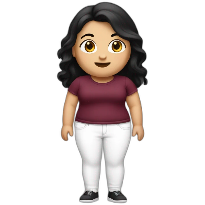 White Fat girl with burgandy t-shirt and white jeans and black hair emoji