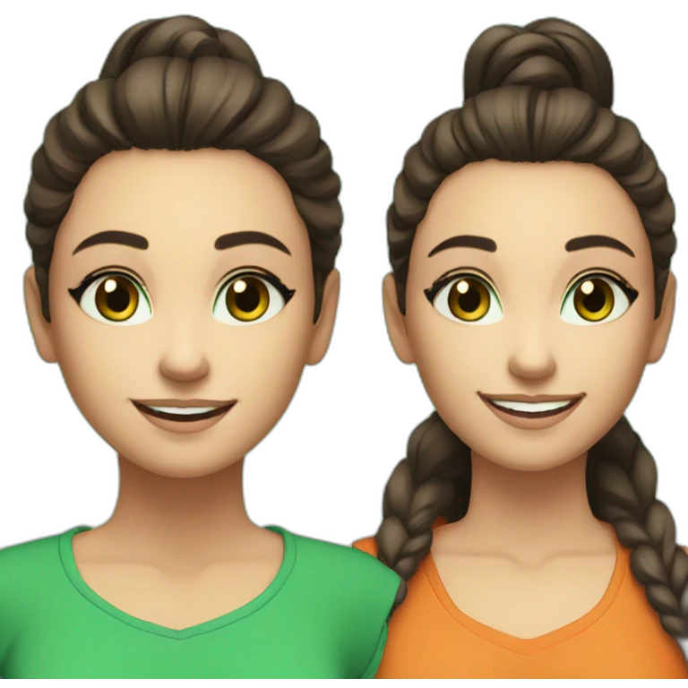 beautiful white teenage girl very long straight dark brown hair high ponytail emerald green eyes sunset orange shirt smile emoji