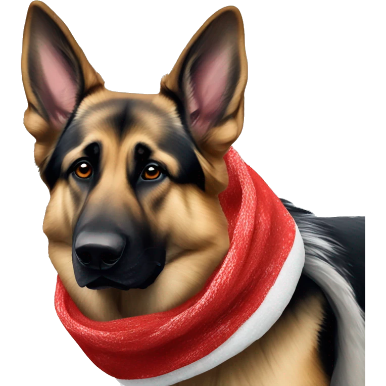 German shepherd dog with a scarf on a cold winter day with a Santa hat emoji