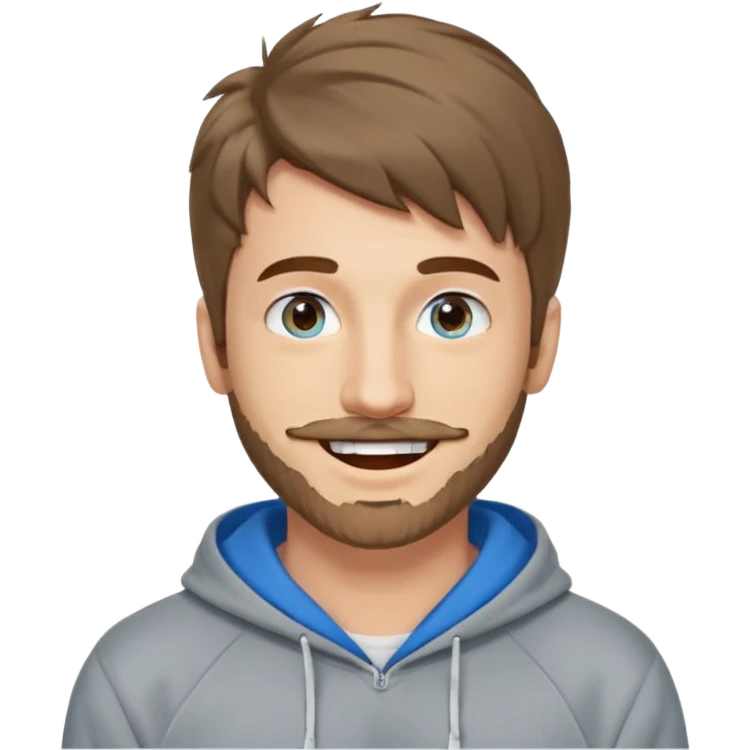 25 year old man, short scruffy beard and thin moustache, brown puffy mullet, blue eyes, big smile, white teeth, big lips, pronounced jaw, hair longer in back, sticking up on top, thin face, grey hooded sweatshirt emoji