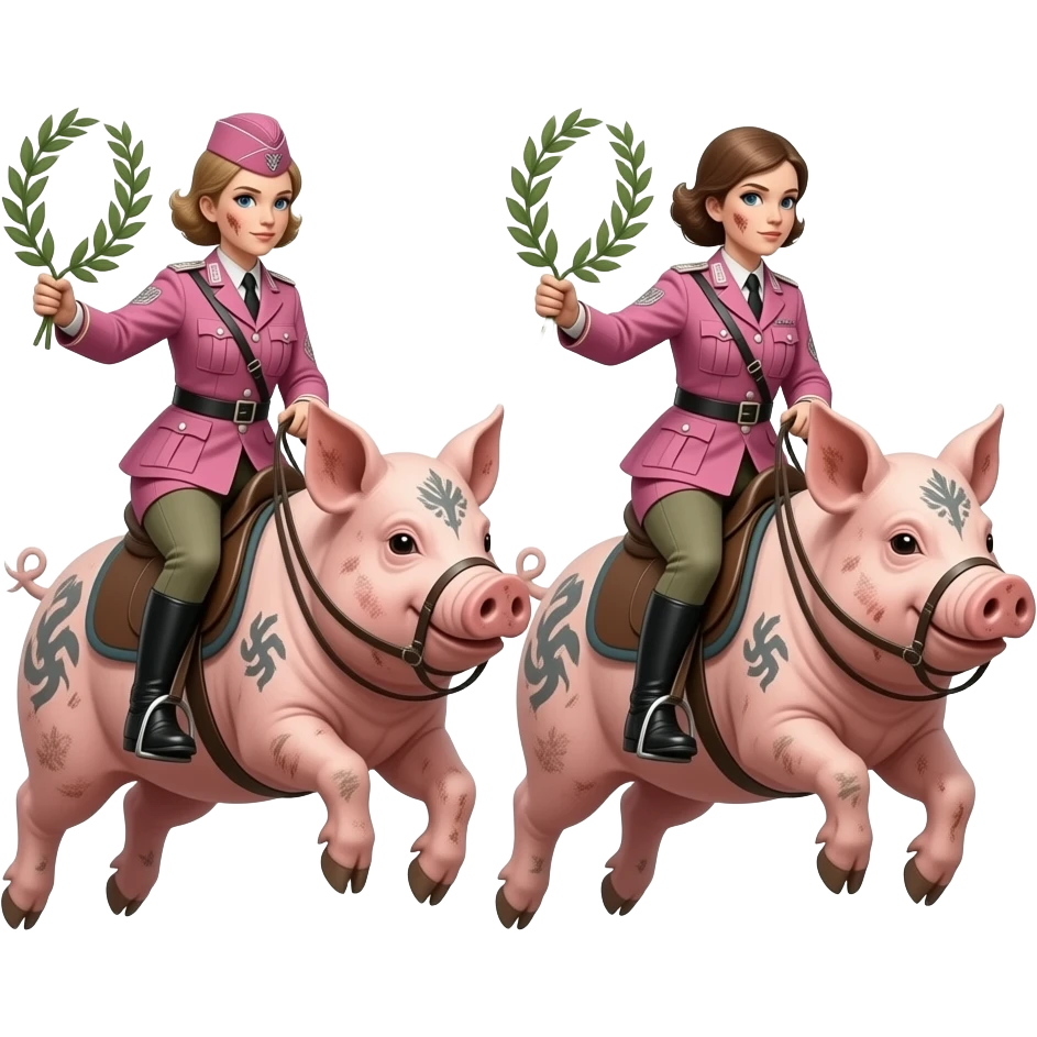 synthwave style - two skinny and dirty female riders in pink German army uniforms from World War II ride jumping on large tattooed pigs with laurel branches in their hands emoji