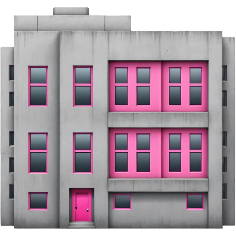 Gray concrete brutalist architecture with a single bright pink window and multiple regular windows emoji