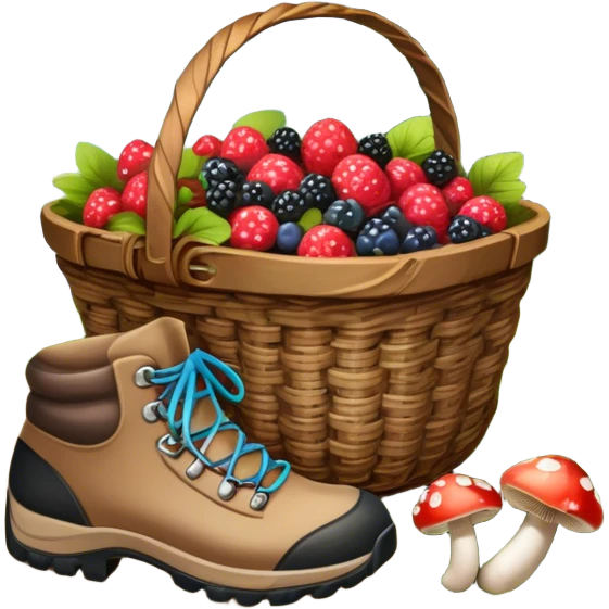 Icon for Mushroom and Berry Tourism: a basket filled with mushrooms and berries, surrounded by forest elements like trees, leaves, and a hiking boot. The icon should capture the joy of foraging in nature. Transparent background. emoji