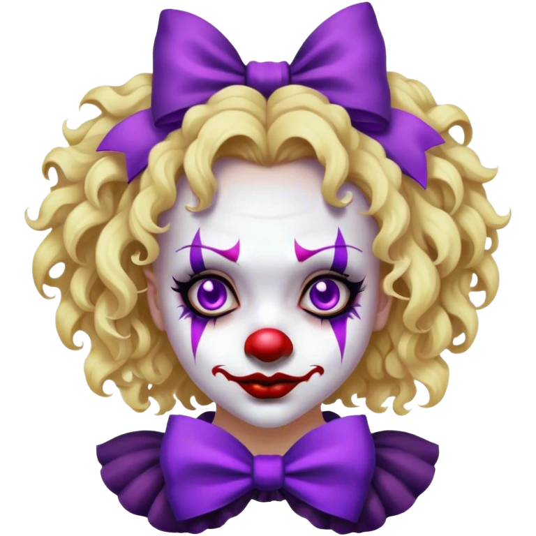 Very scary dark evil clown, girl with blonde short curly hair with purple bow in hair  emoji