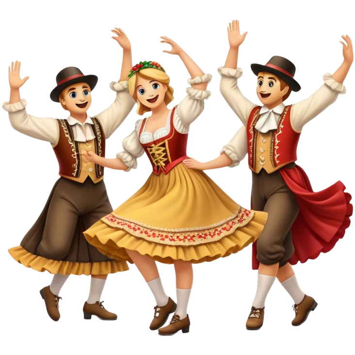 Cinematic Realistic Schuhplattler Dance Emoji, depicted as a lively traditional folk dance scene with performers in authentic Bavarian costumes, rendered with dynamic textures and festive natural lighting that captures the spirit of rural celebration. emoji