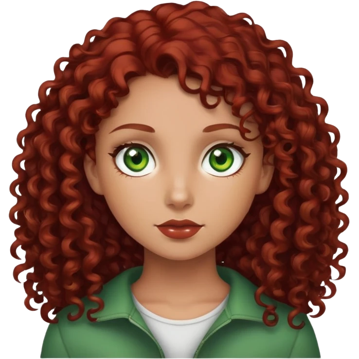 Girl with dark red curly hair and green eyes and white but tan skin emoji