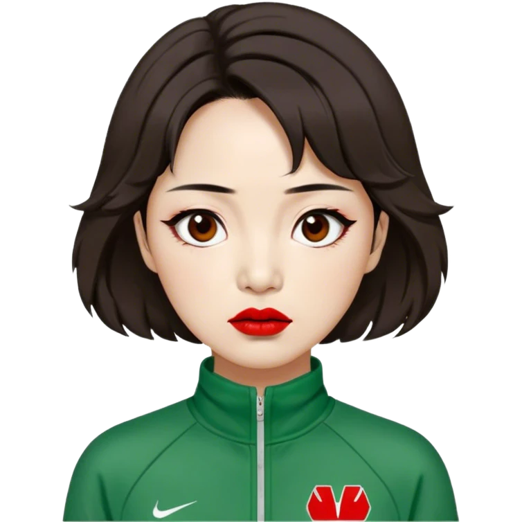 Han Mi-nyeo : Age: Late 60s
Appearance: A crazy woman with many wrinkles face, very messy dark brown hair and dramatic red lipstick.
Outfit: Green player tracksuit emoji