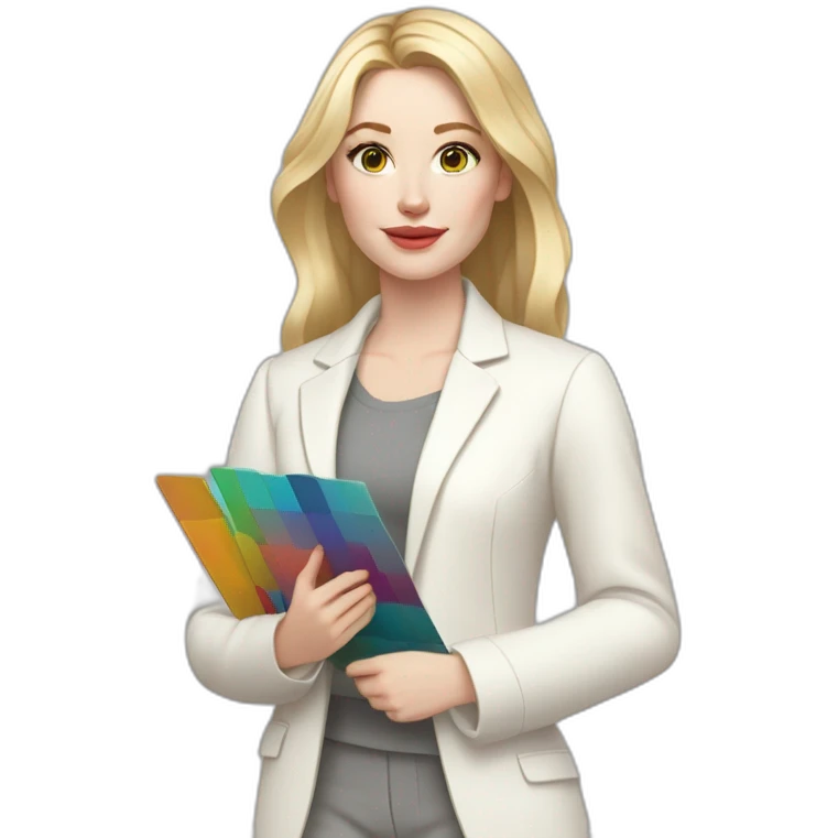 pale skin woman with blonde straight line Hair to shoulders, White classical jacket, Gray Palazzo pants holding a color palette in the hands emoji