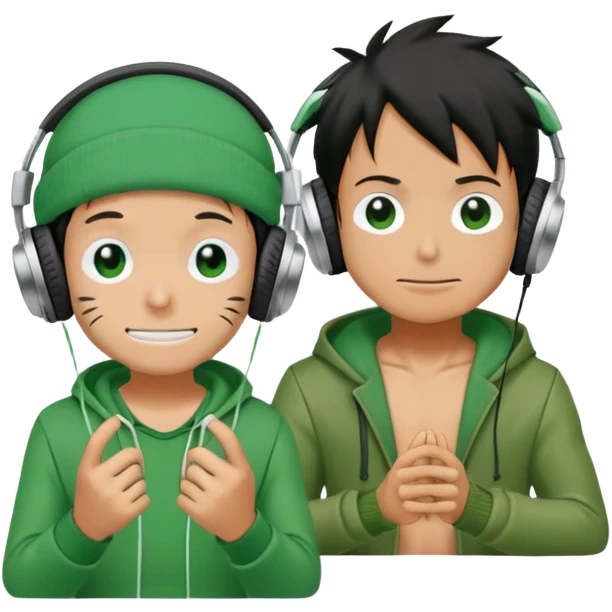 Green Luffy and green Alastor wearing headphones listening to music together emoji