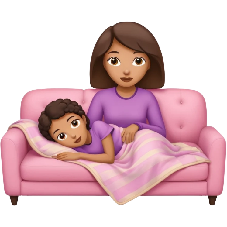 Mixed-race woman with caramel skin, slim thick, lying on a beige sofa with a pastel pink blanket emoji