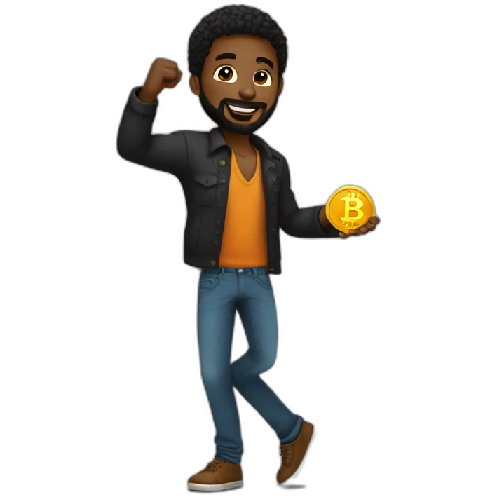 A young black man with beards and a low cut dancing while holding bitcoin in his hands emoji