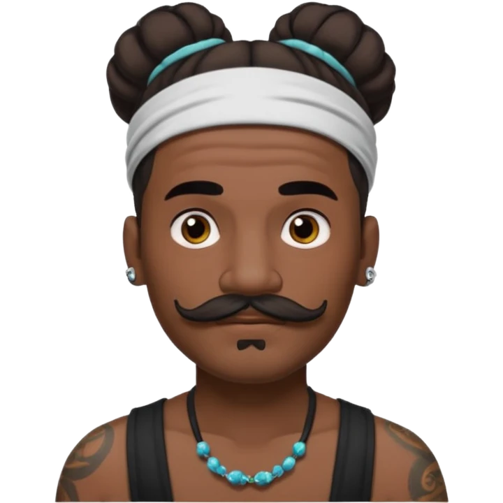 single big bun hair man and mustache and face tattoos very heavy and headband emoji