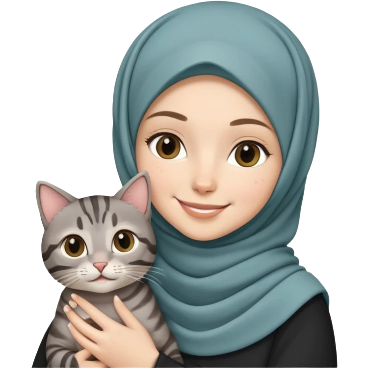 White girl wearing hijab holding a black grey tabby cat while smiling emoji