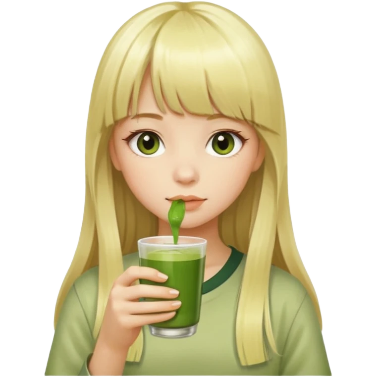 a girl have long blonde hair with bangs drinking matcha emoji