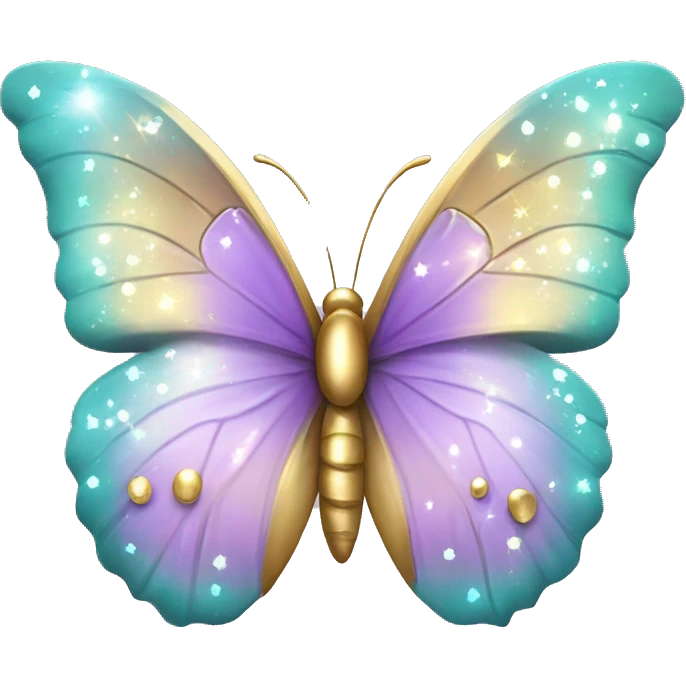 Magic lilac, golden, turquoise pastel colors style, with little shiny sparkles, some realistic kind beautiful butterfly emoji
