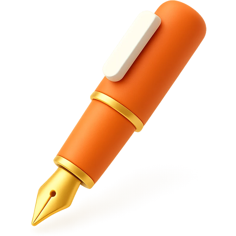 Hermès-style fountain pen, 3D, orange lacquer, gold trim, luxury, elegant, no text emoji
