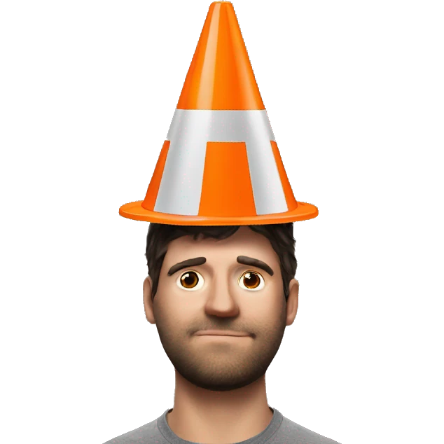 Orange traffic cone on a guy head who hide eyes emoji