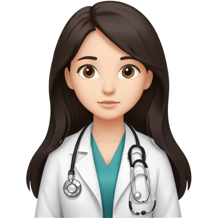 Make a dark long haired girl with a doctor's coat and a stethoscope around her neck that says PA on the breast ￼ emoji