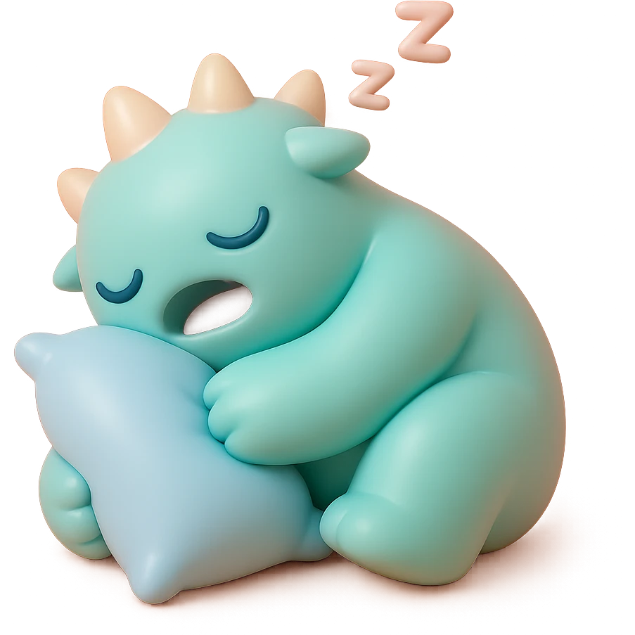 monster curled up with a pillow, snoring, gentle pastel palette, no background, vinyl figure style emoji