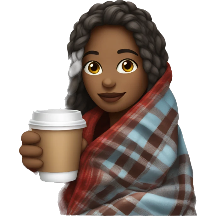 Beautiful girl wrapped in cozy plaid blanket drinking coffee emoji