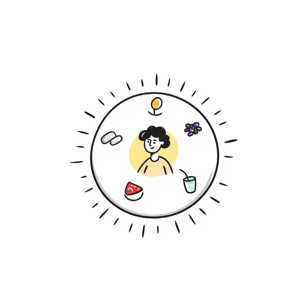 Floating orb of warm light containing mini bright icons: red meat, golden egg, purple beans, translucent tofu block and yogurt glass, slowly rotating around a radiant body figure that radiates strength and balance emoji