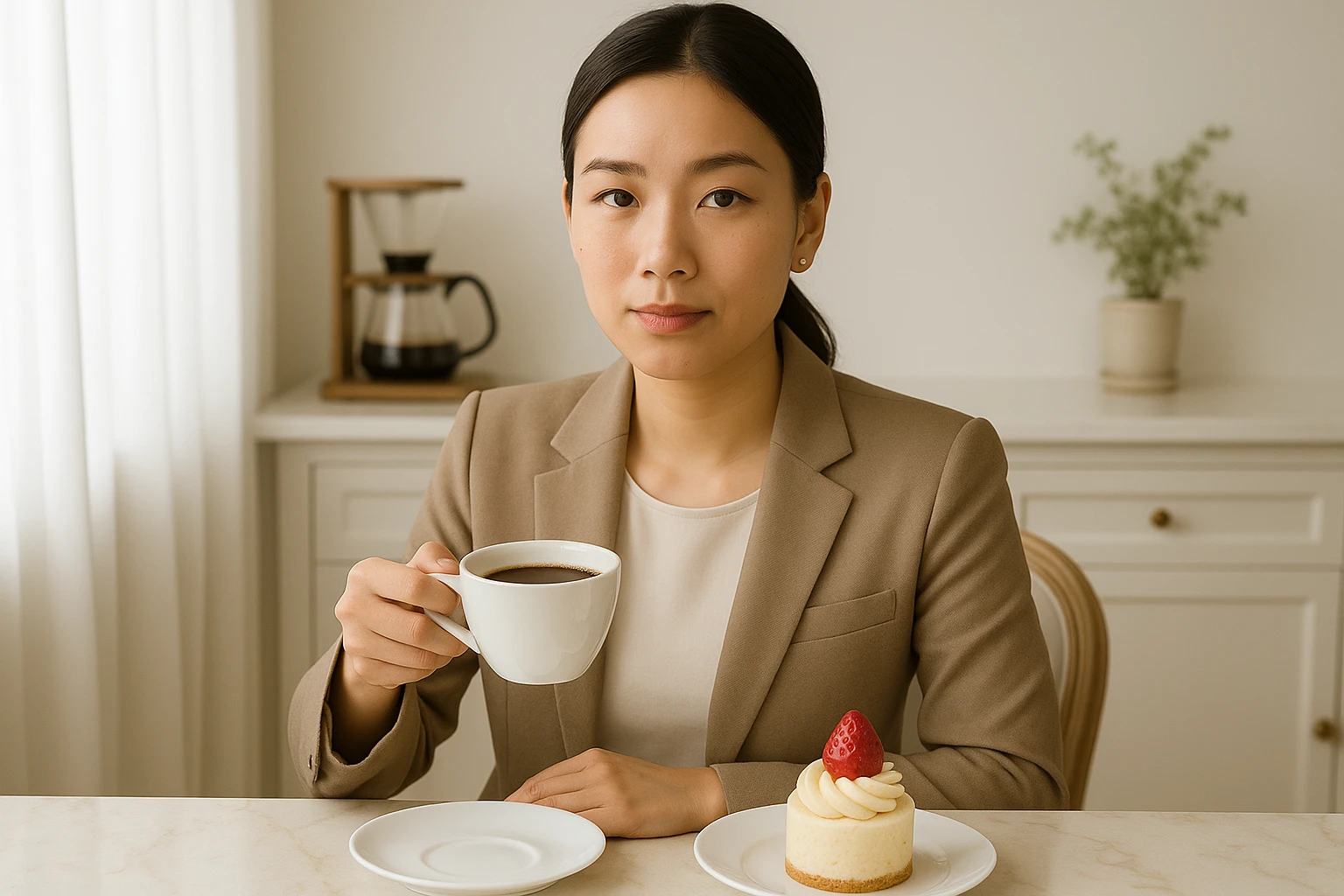 A sophisticated and premium atmosphere portrait of an Asian woman aged 25-35, visible from the upper body, enjoying drip coffee and dessert. She is a premium home cafe enthusiast with a professional and quality-focused expression. The background is clean and bright. The style should reflect a refined, elegant, and high-quality home cafe scene. emoji