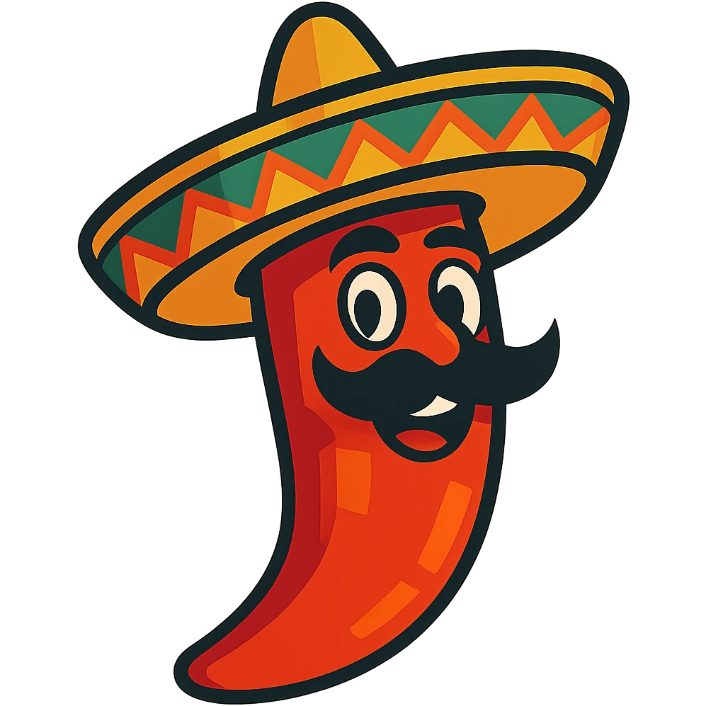 vibrant toon style red chile pepper with a sombrero and a Mexican moustache emoji