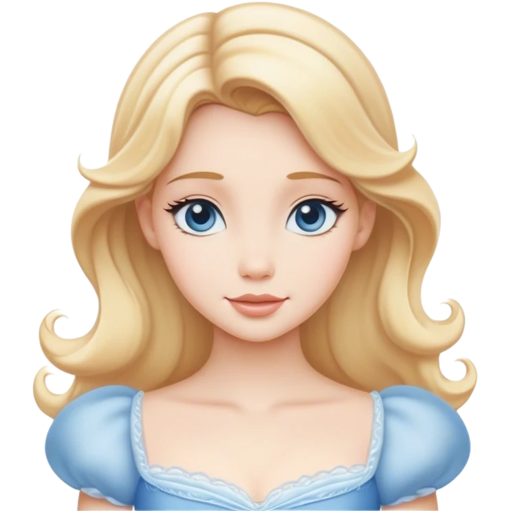 Cinematic Serene Cinderella Portrait Emoji, rendered in a realistic, vector-style with minimal shading. Depict a gentle Cinderella (chest and above) with porcelain skin, smooth blonde hair falling in soft waves, and calm, inviting eyes. Dressed in her modest daytime dress, she exudes quiet grace and pure enchantment, highlighted by a soft glowing outline. emoji