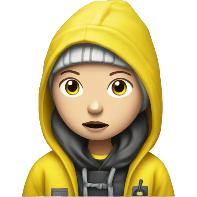 Greta Thunberg with a yellow raincoat and grey beenie, arrested in a demonstration emoji