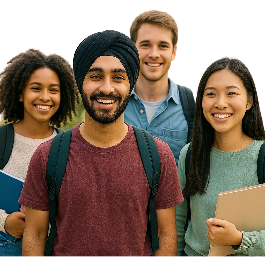 university sikh boy standing with friends in a diverse group, wearing a turban, cheerful, outdoor university setting emoji