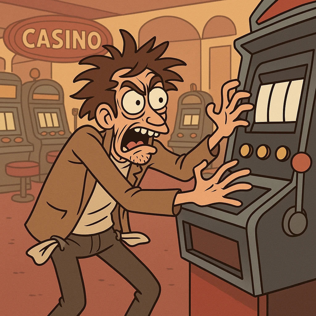 man with wild eyes desperately clawing at a slot machine, empty pockets, casino background, exaggerated cartoon style emoji