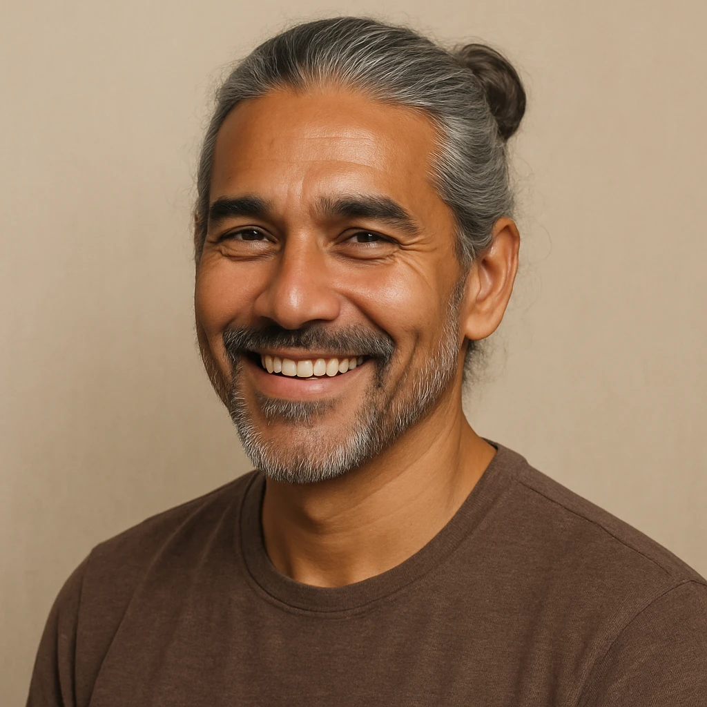 brown tanned man over 40 with long grey hair in a bun, smiling, head and shoulders, plain background emoji