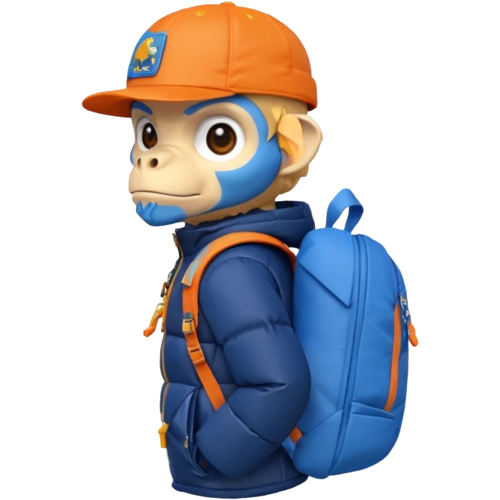 monkey with extremely angry face, in dark blue puffer jacket, holding blue origami dinosaur roller backpack, orange cap with Jurassic Park logo, Android emoji style emoji