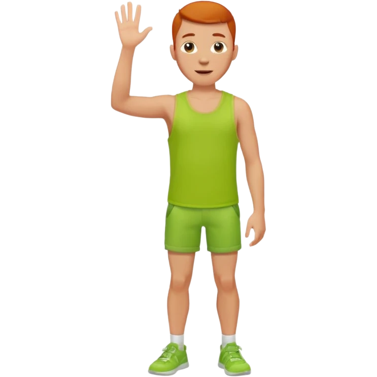full silhouette of a redhead man with a buzzcut, wearing a lime tanktop and shorts, waving emoji