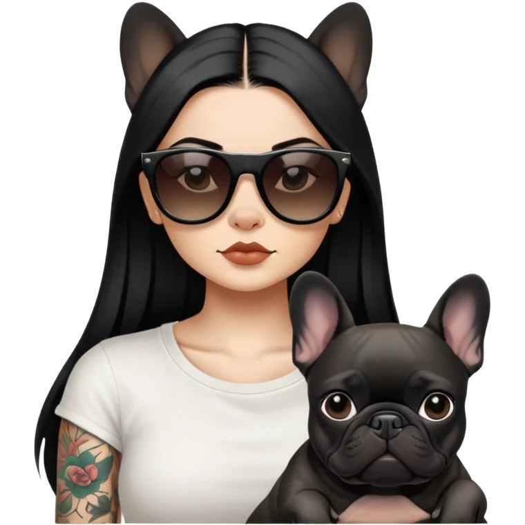 girl with long black  straight hair and tattoos and Wearing sunglasses and a black French bulldog emoji