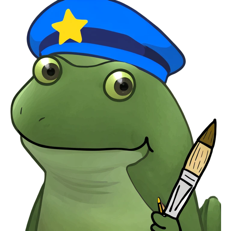 Make the baby oil bottle look like an artist with a beret and paintbrush, in the green bufo frog meme style, no background. emoji